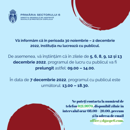 Programul instituției în perioada 30 noiembrie – 2 decembrie 2022